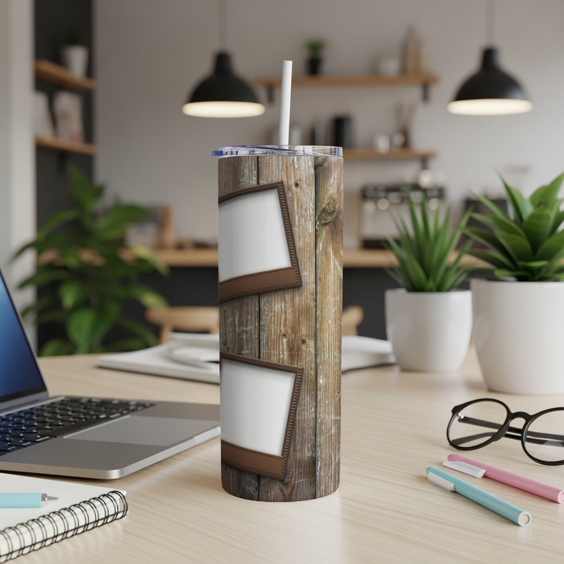 Tumbler with rustic wood design and two blank photo frame inserts.