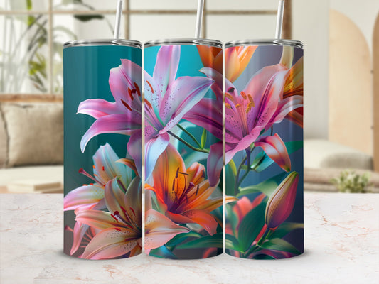 Three tumblers with vibrant pink and orange lilies and green leaves.