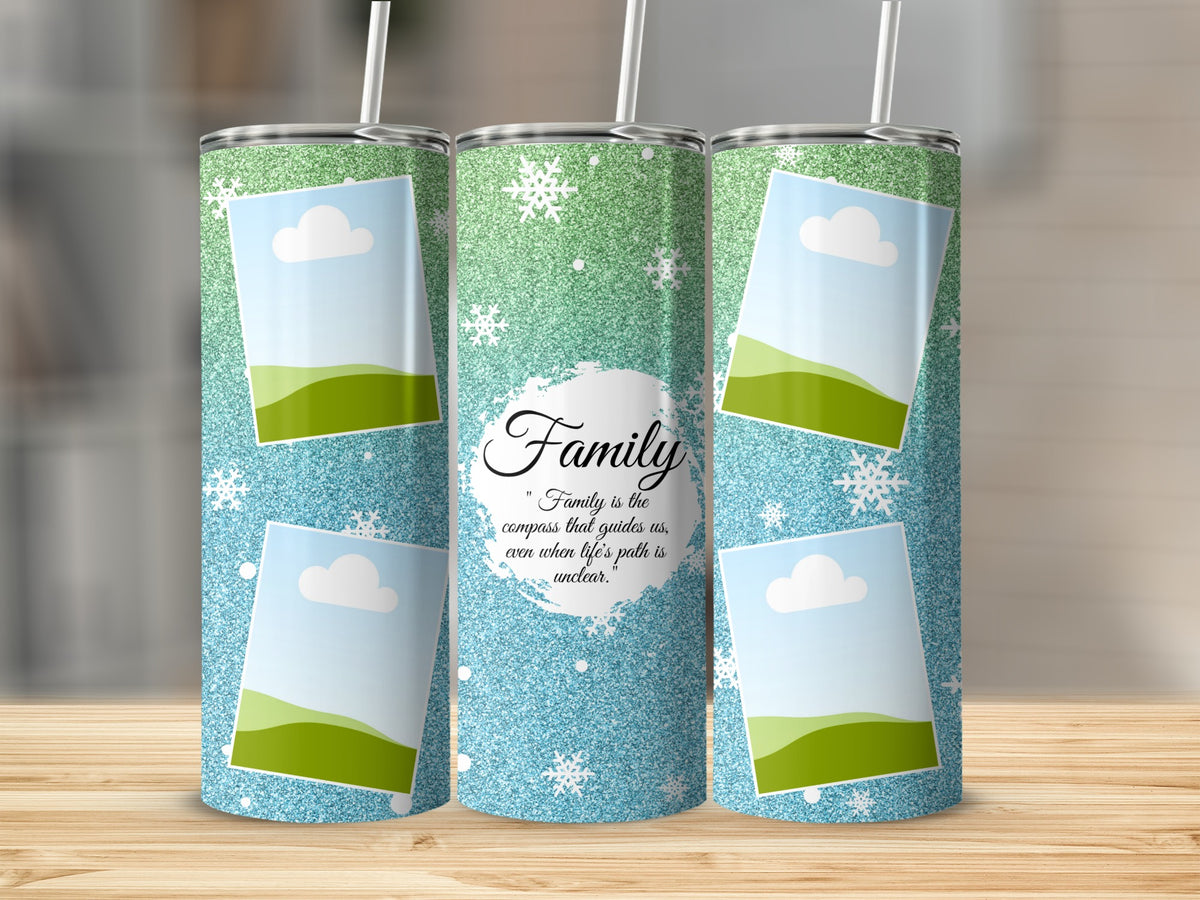 Glittering tumblers with snowflakes, framed photos, and the quote "Family is the compass."
