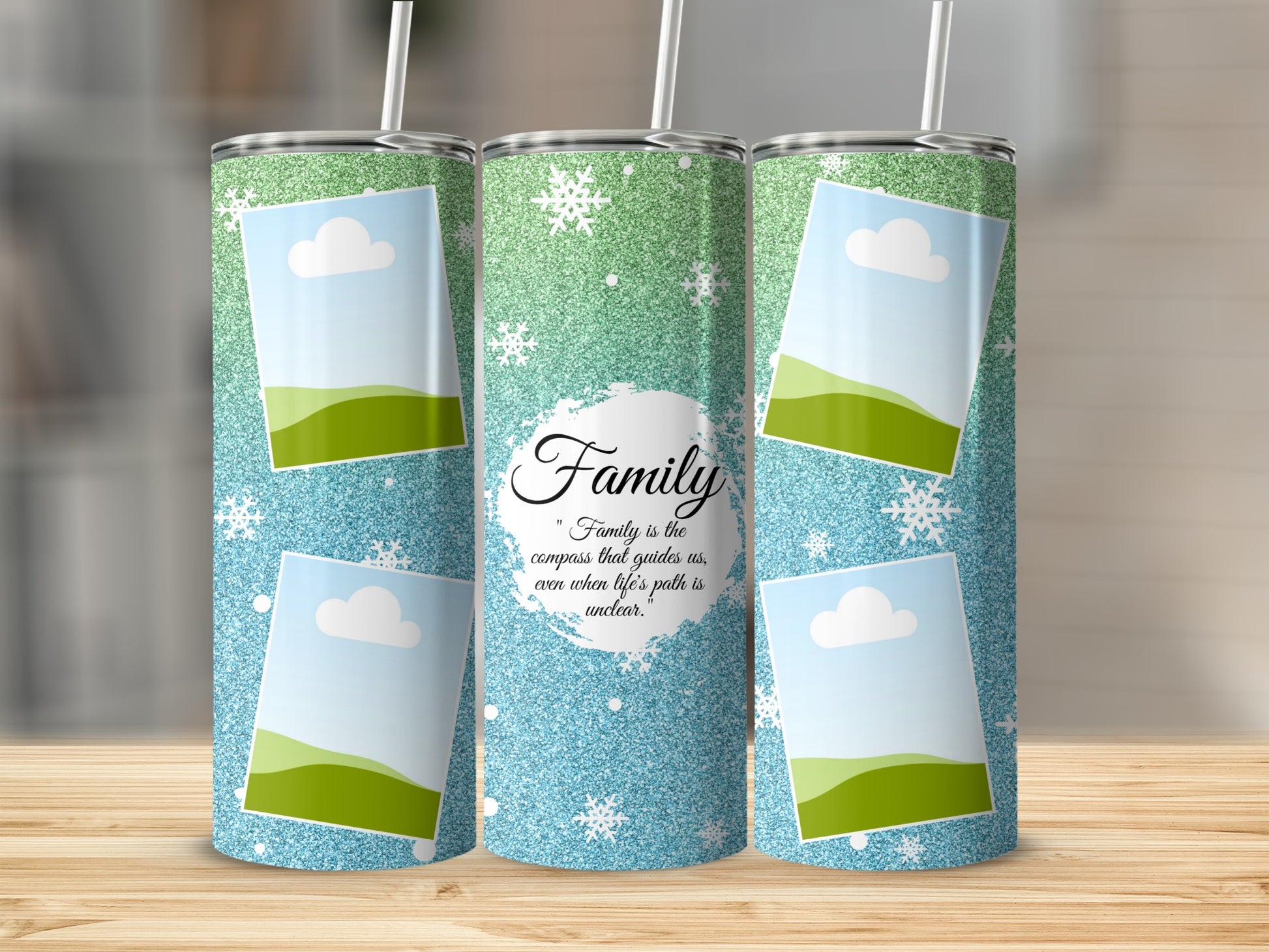 Glittering tumblers with snowflakes, framed photos, and the quote "Family is the compass."