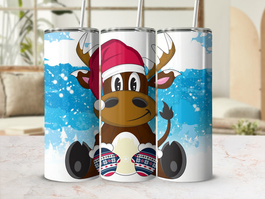 Cute Reindeer Wearing Santa Hat Blue Snowflakes Tumbler