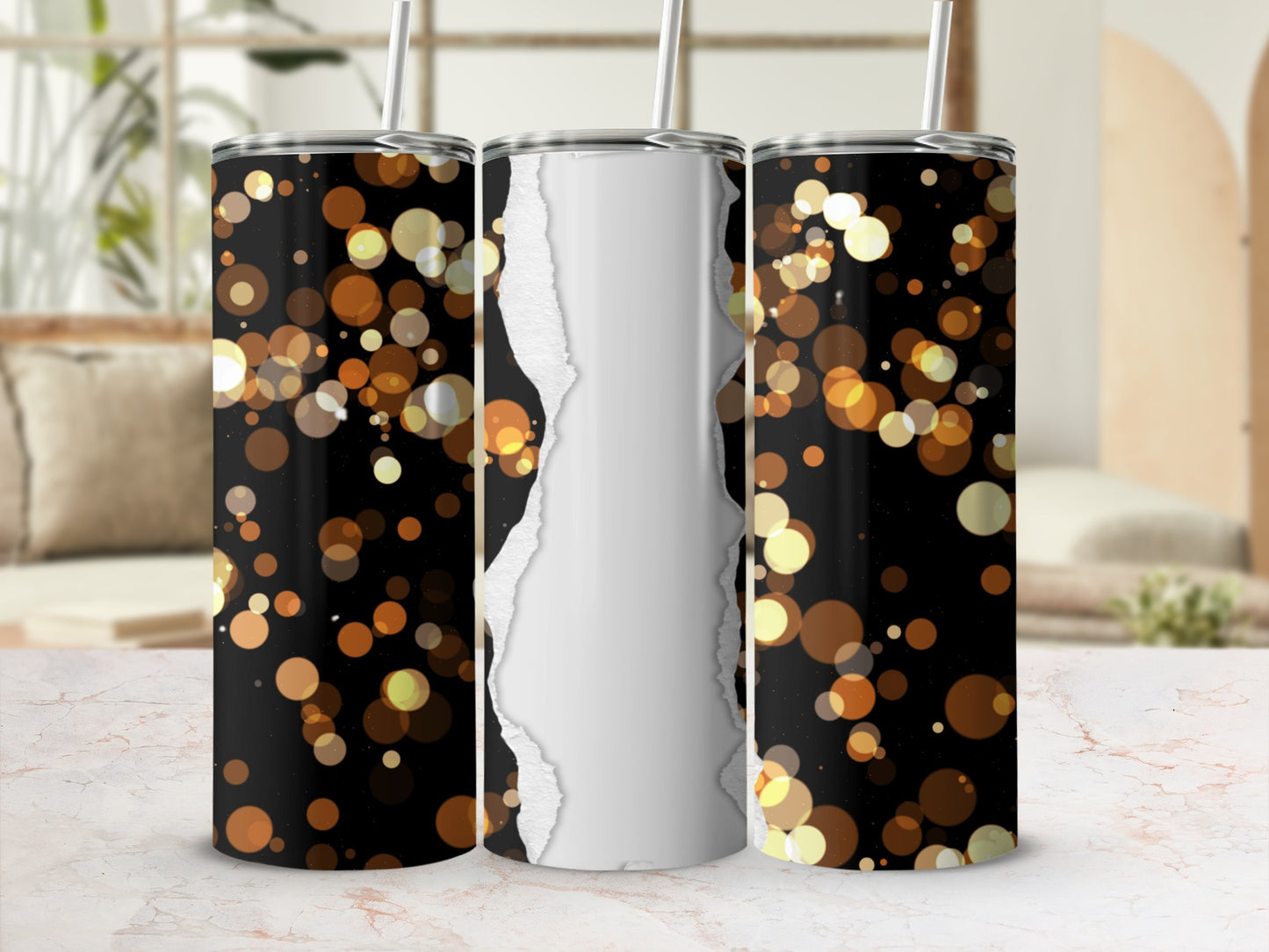 Black tumbler with bokeh lights and ripped paper texture design.