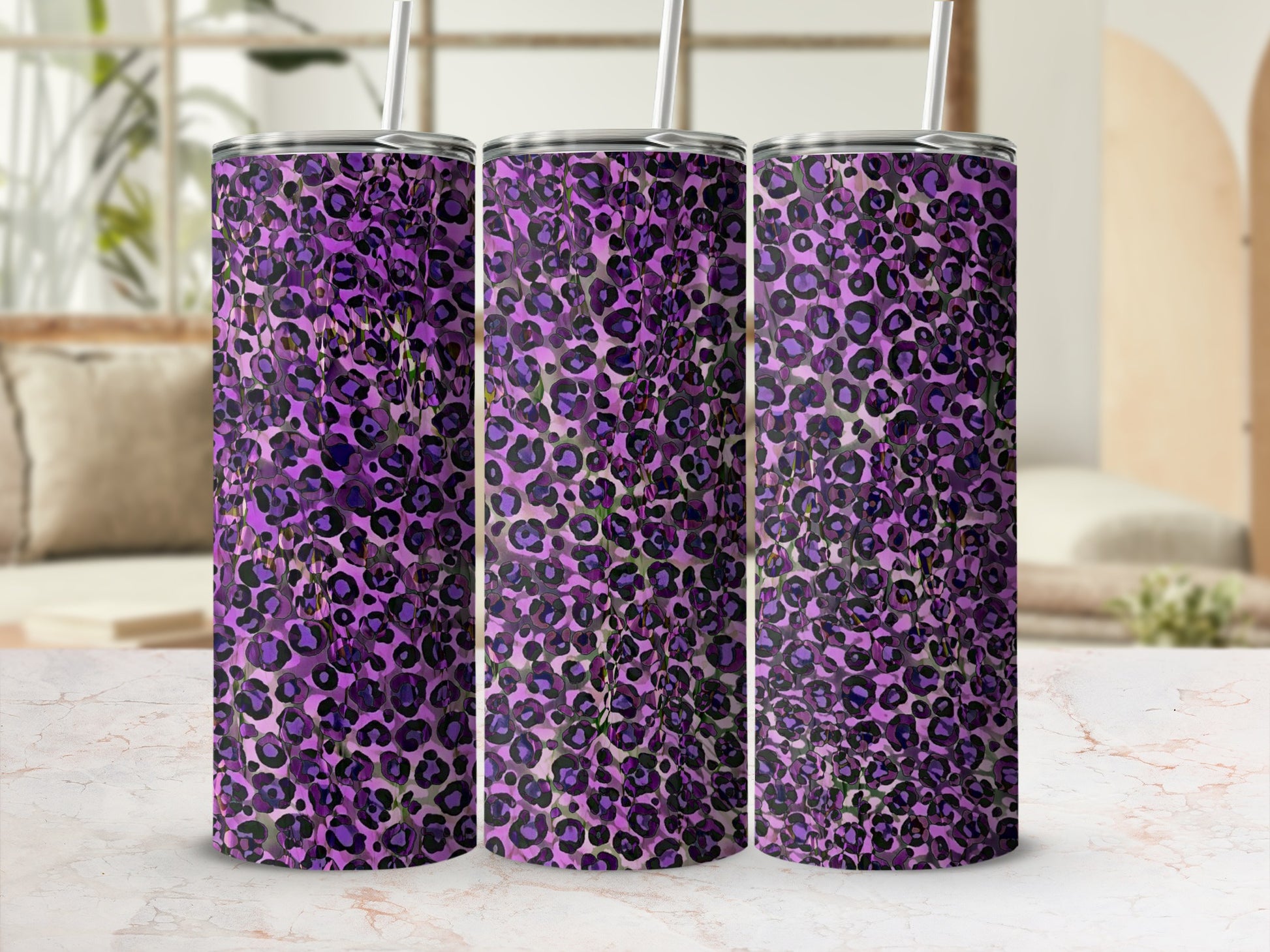 Vibrant Purple Leopard Print Insulated Tumbler Set