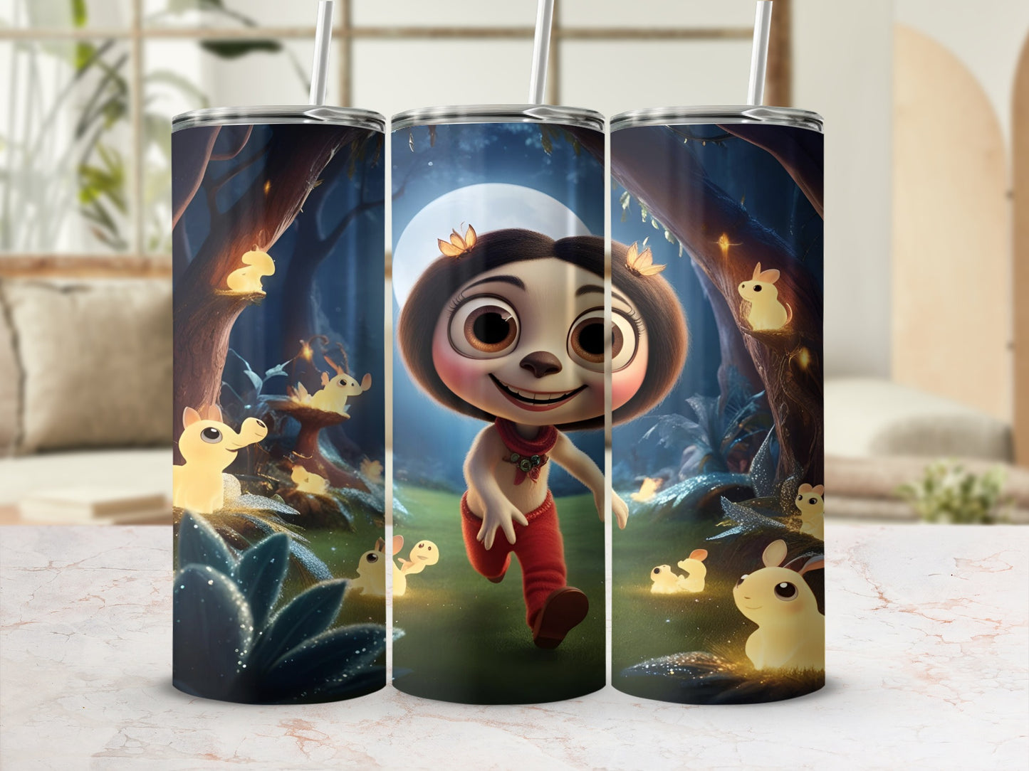 Cartoon girl with red pants running in a whimsical forest with glowing animals.