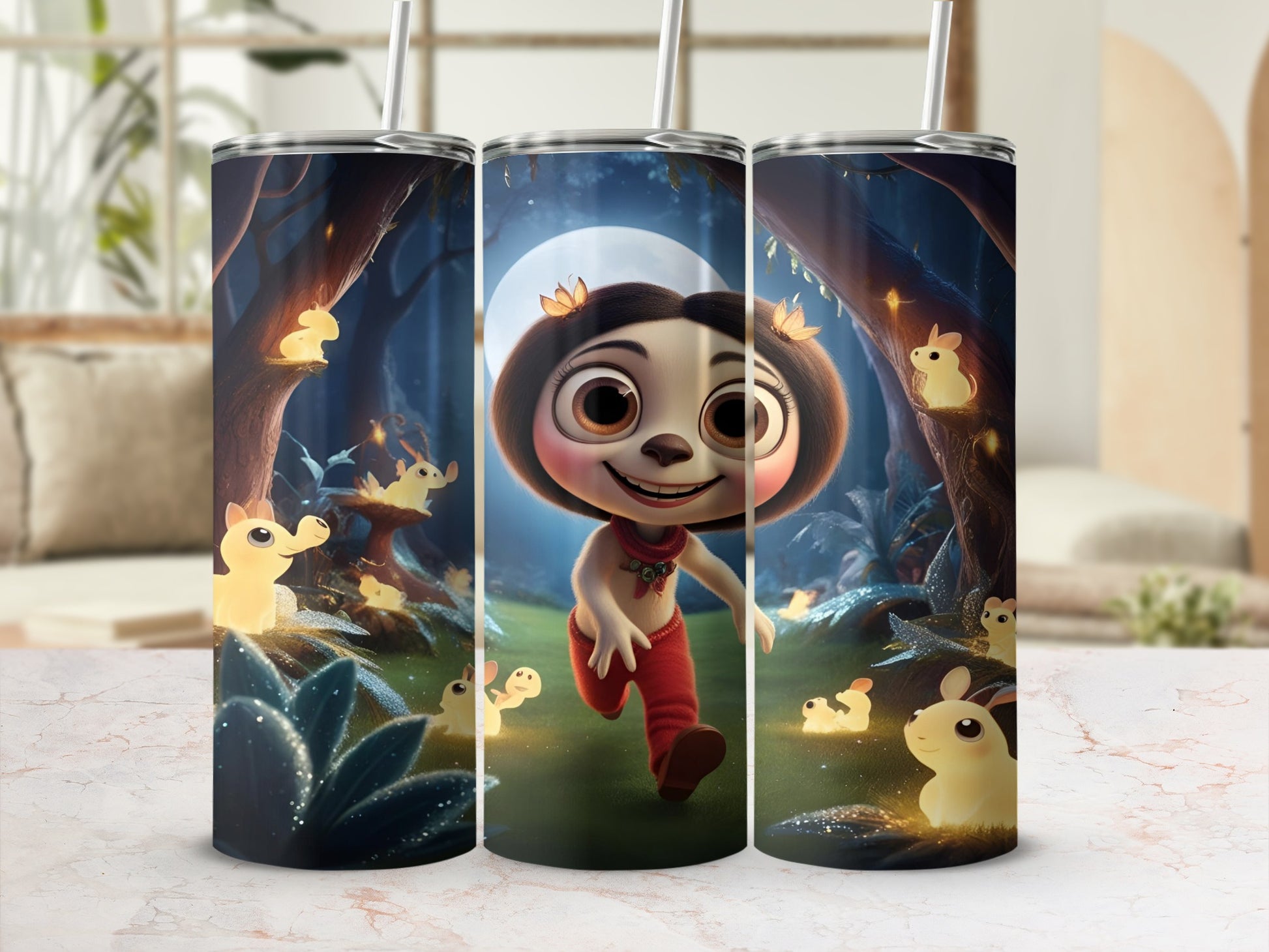 Cartoon girl with red pants running in a whimsical forest with glowing animals.