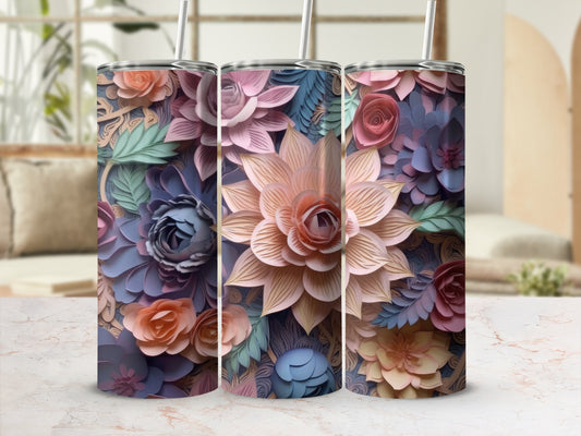 Three tall tumblers featuring detailed floral designs in shades of pink, purple, and blue.