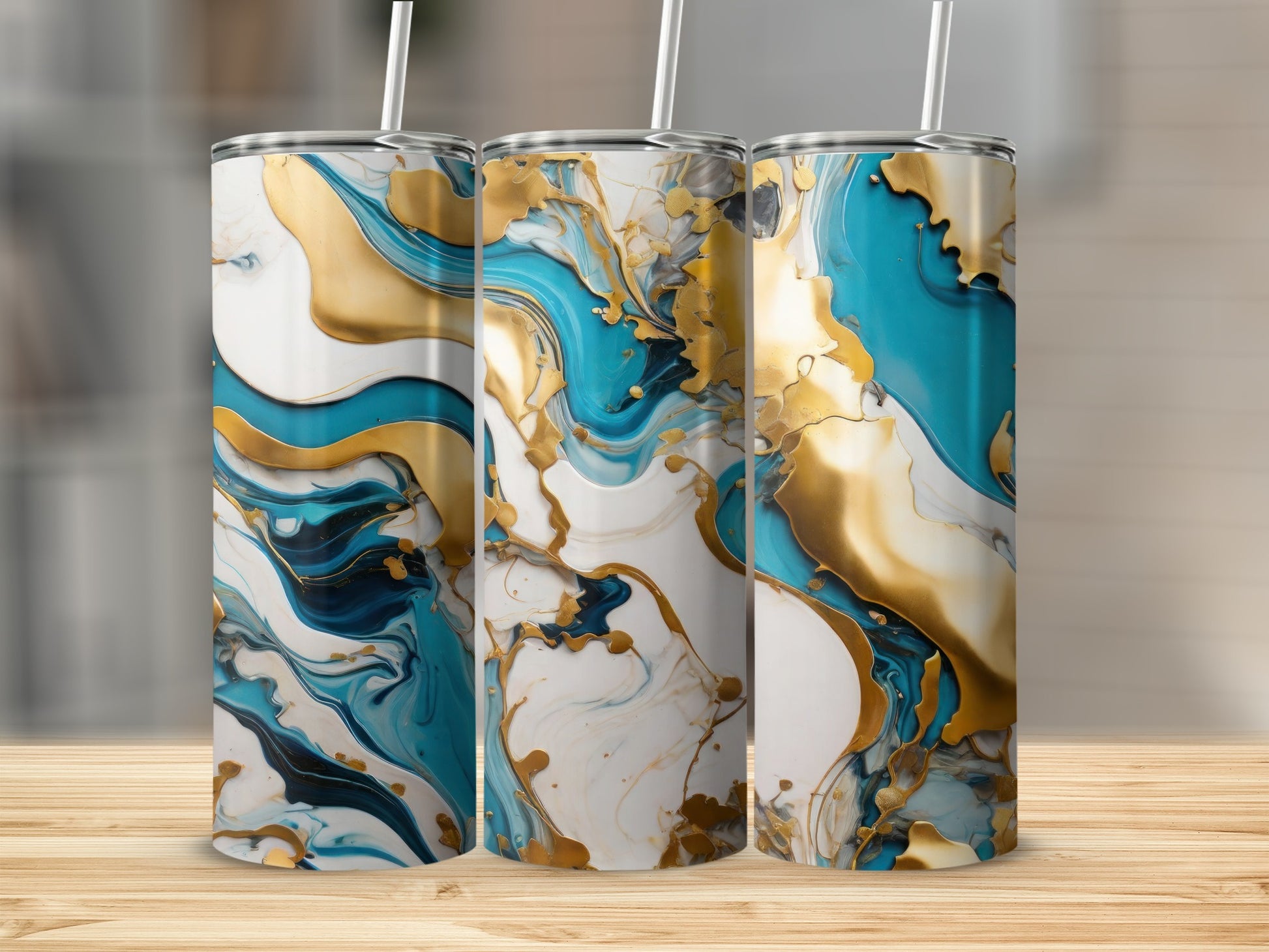 White Gold Teal Swirl Abstract Liquid Art Tumbler product type