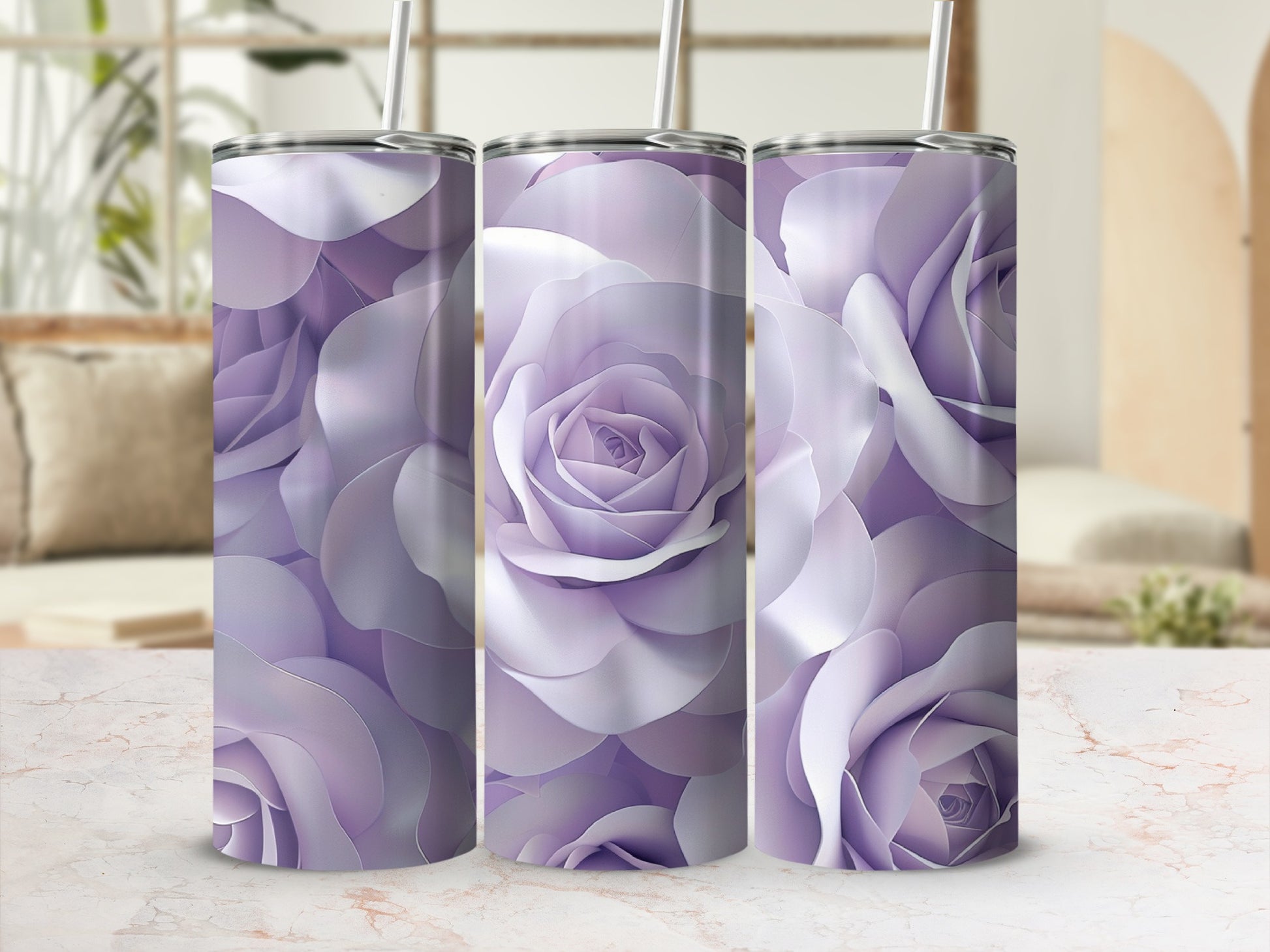 Three tumblers featuring a lavender rose floral pattern.