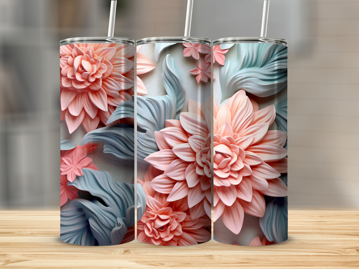 Floral Design Insulated Tumbler With Straw Stainless Steel