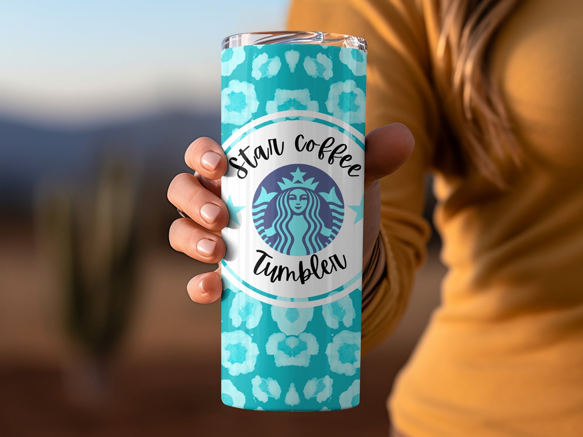 Star Coffee Tumbler with Blue Pattern Design