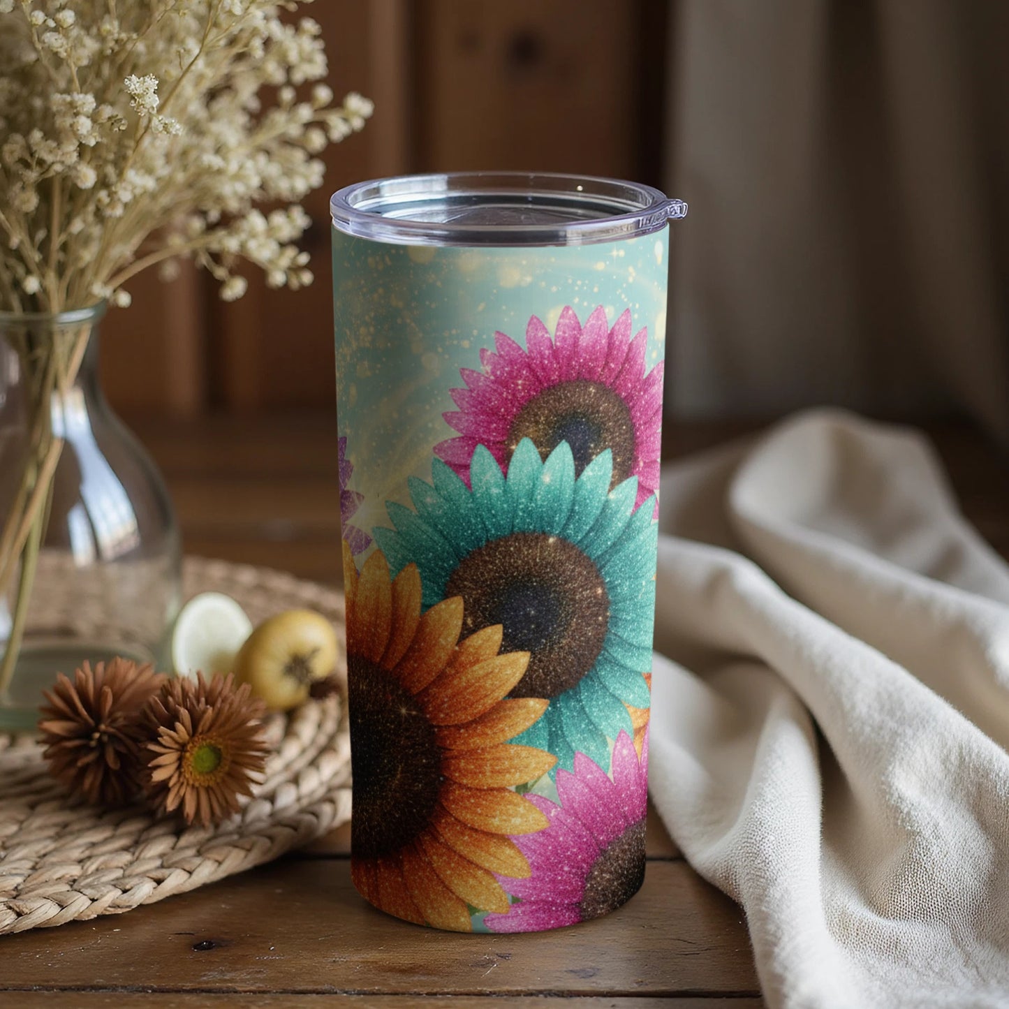 Colorful Sunflower Tumbler with Lid Flower Design