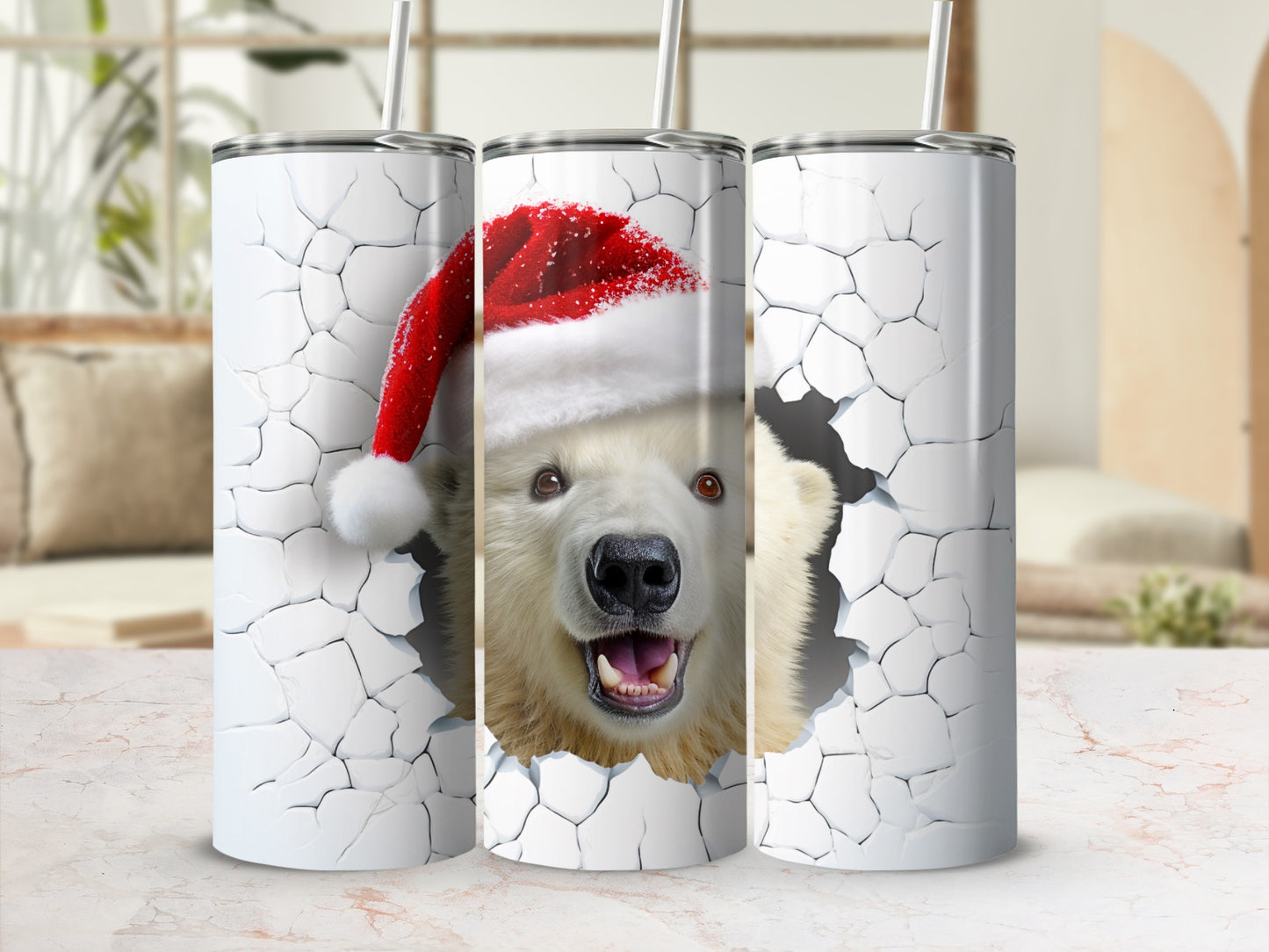 Festive Polar Bear in Santa Hat Decorative Tumbler Collection