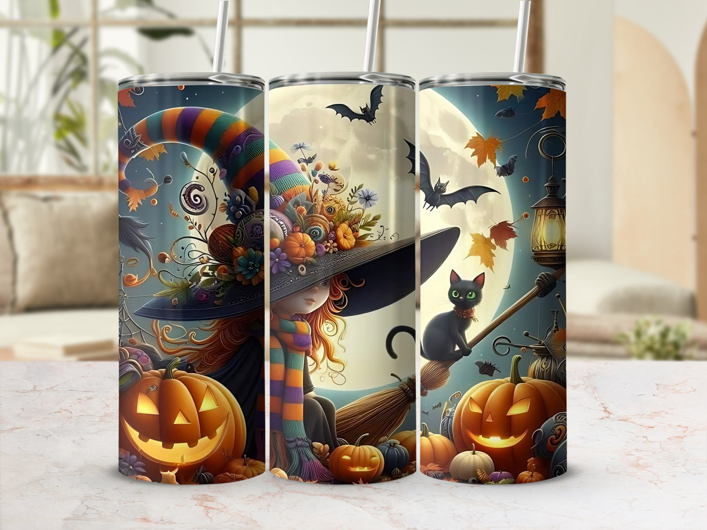 Halloween tumblers with witch, black cat on broom, pumpkins, and bats.