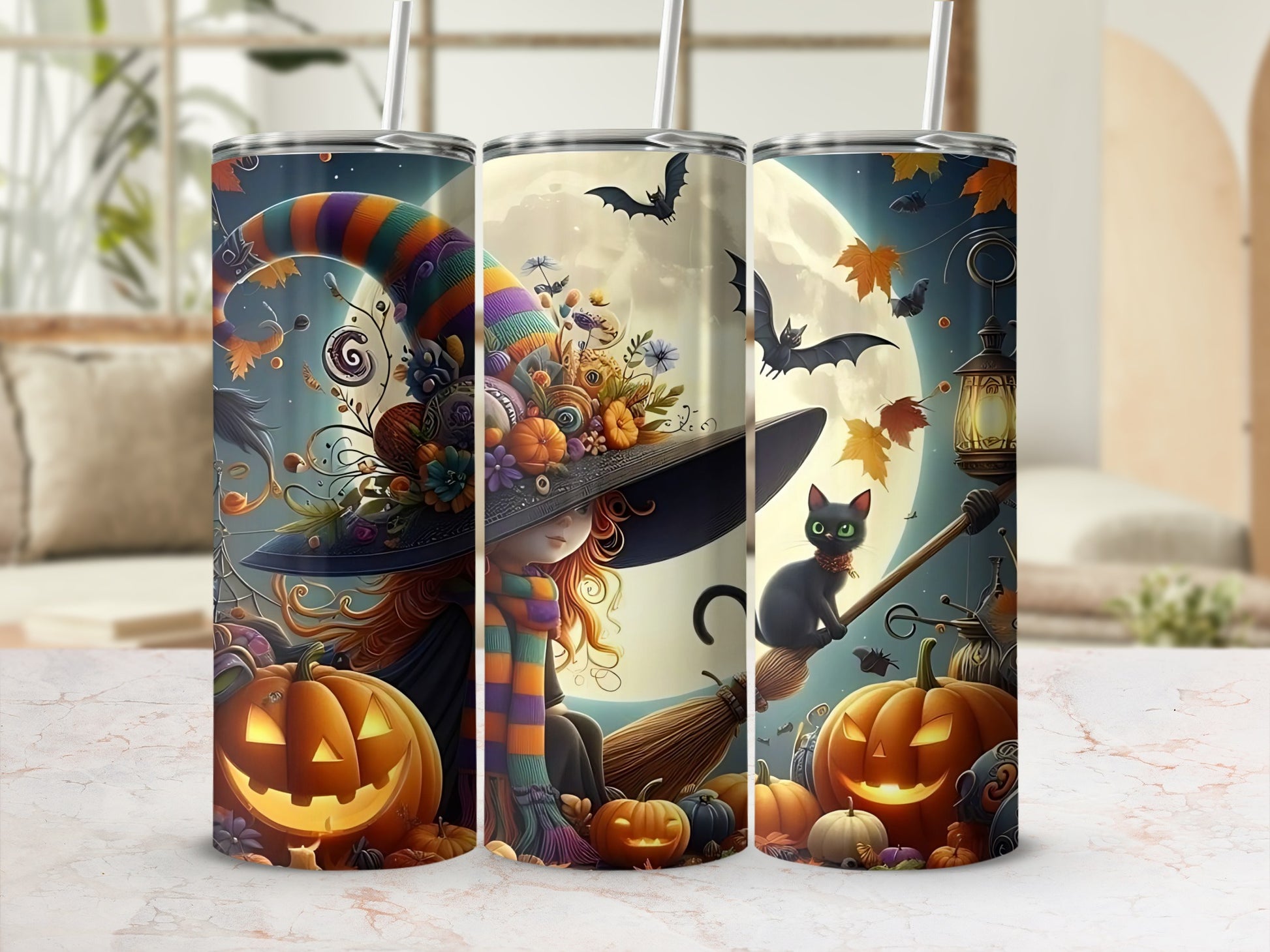 Halloween tumblers with witch, black cat on broom, pumpkins, and bats.