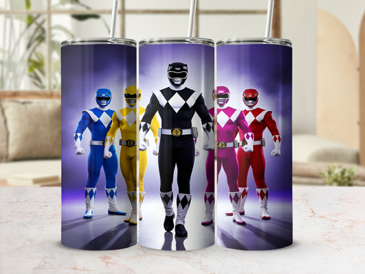Five Power Rangers, yellow, blue, black, pink, and red, stand in a line.
