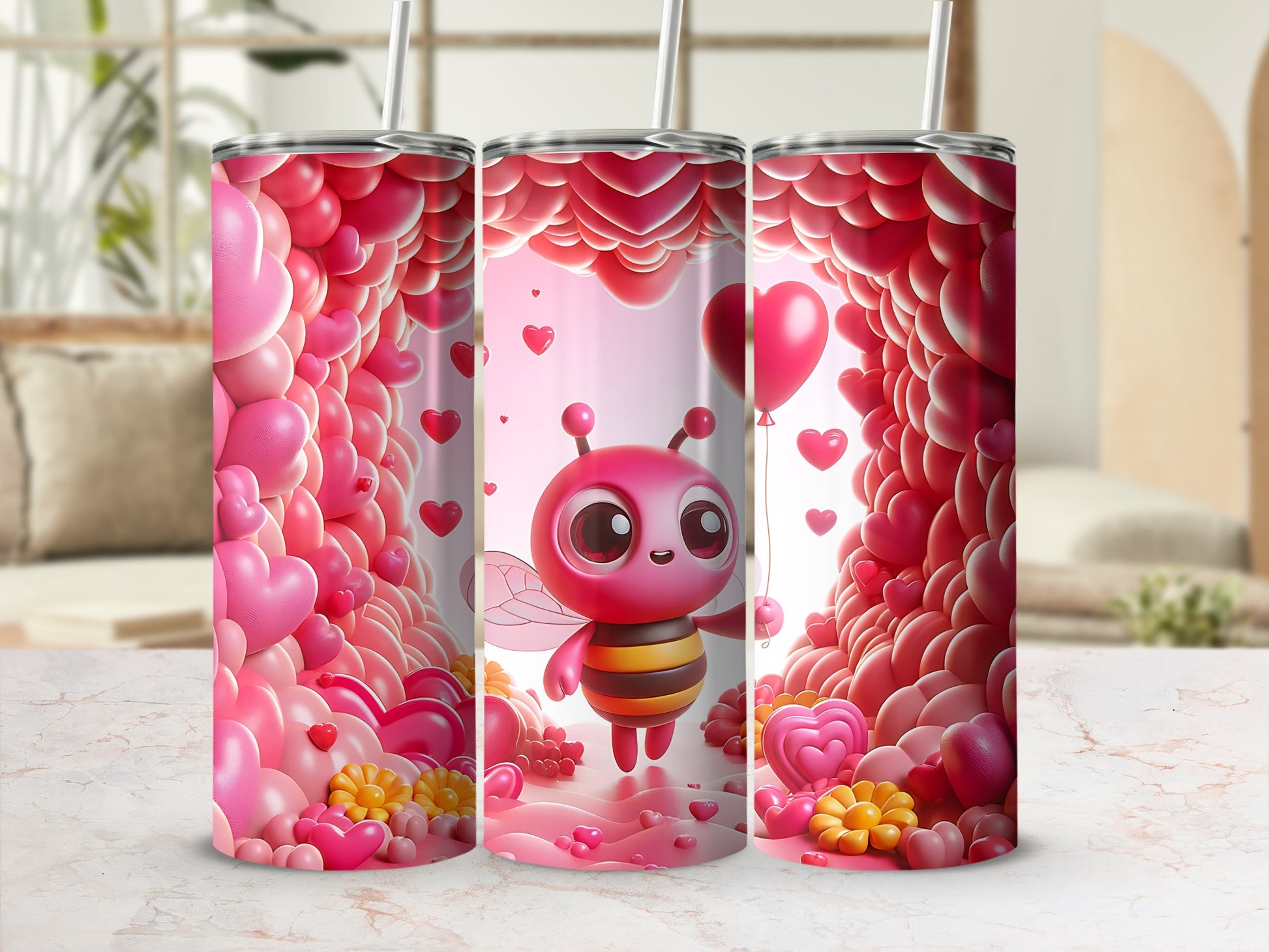 Cute Cartoon Bee Surrounded by Hearts Tumbler Cup