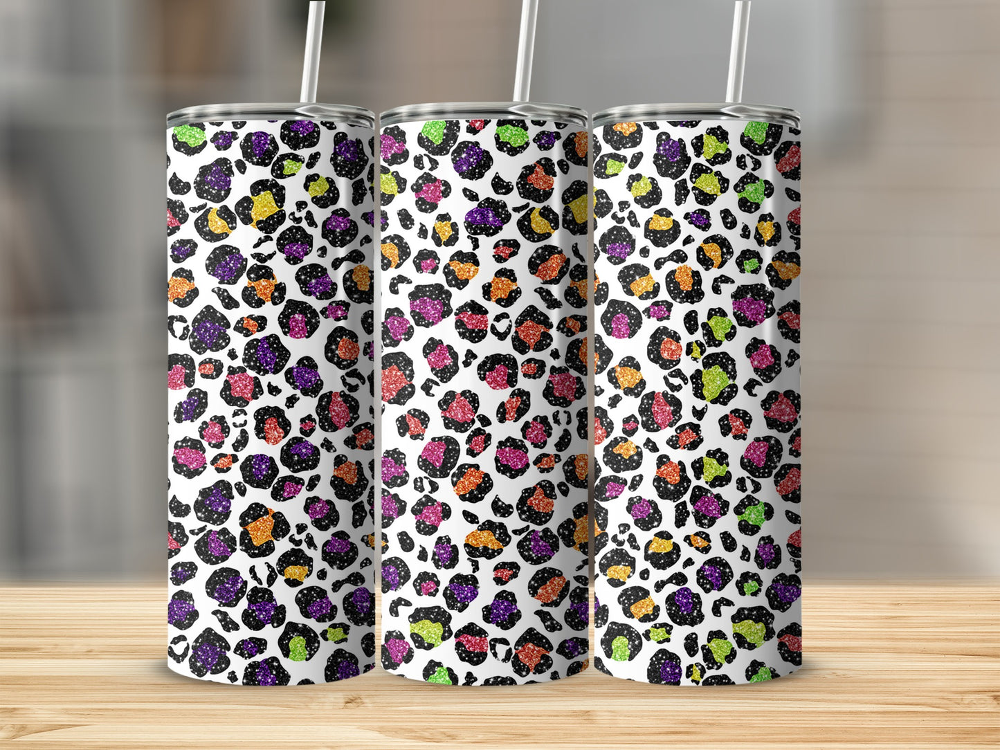 Leopard Print Design with Rainbow Glitter Animal Skin Tumblers