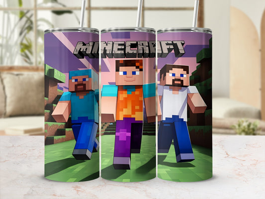Minecraft characters Steve, Alex, and another character on a tumbler with a green, purple, and brown background.