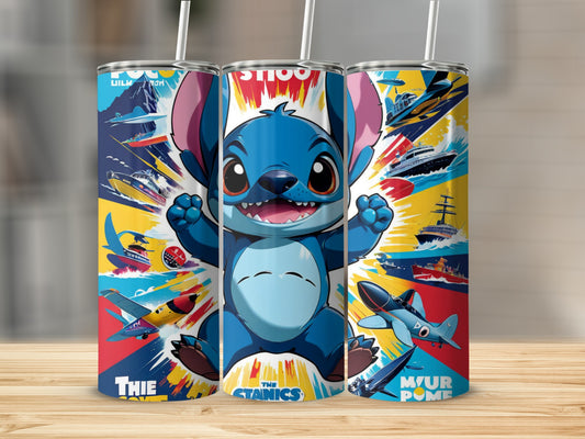 Blue Stitch character on tumbler with colorful airplanes and boats.