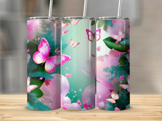 Pink butterflies and lush green foliage adorn three tumblers on a wooden surface.