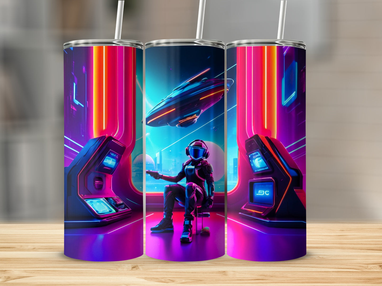 Three neon-lit tumblers depicting a person in a futuristic helmet playing a video game.