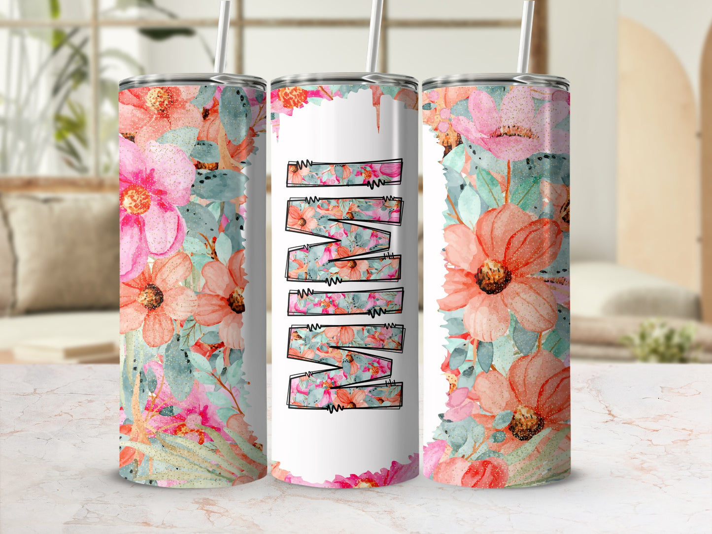 Floral MOM design pink peach blue green tumbler product type