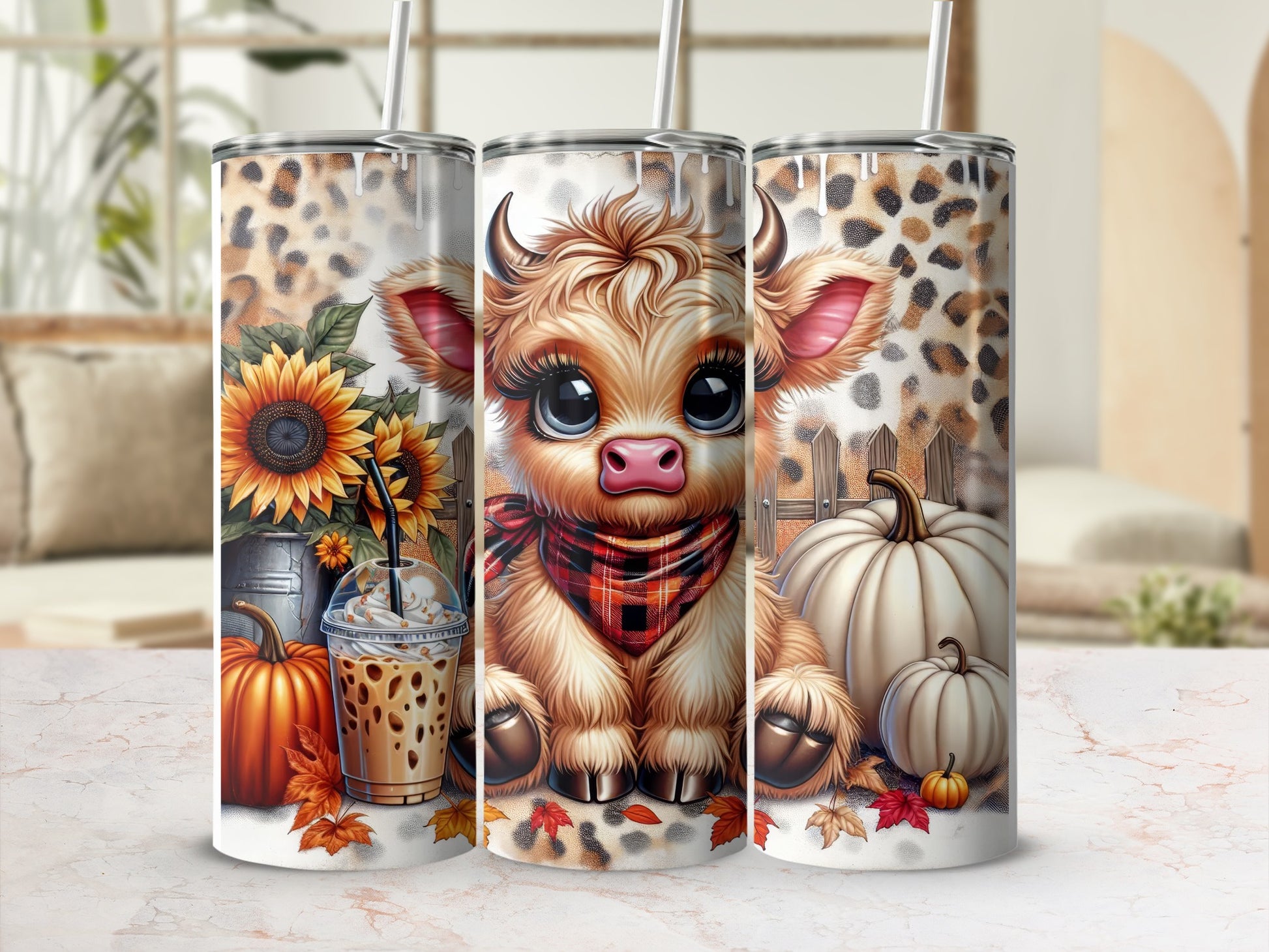 Cute cow with pumpkins and sunflowers on a tumbler wrap.