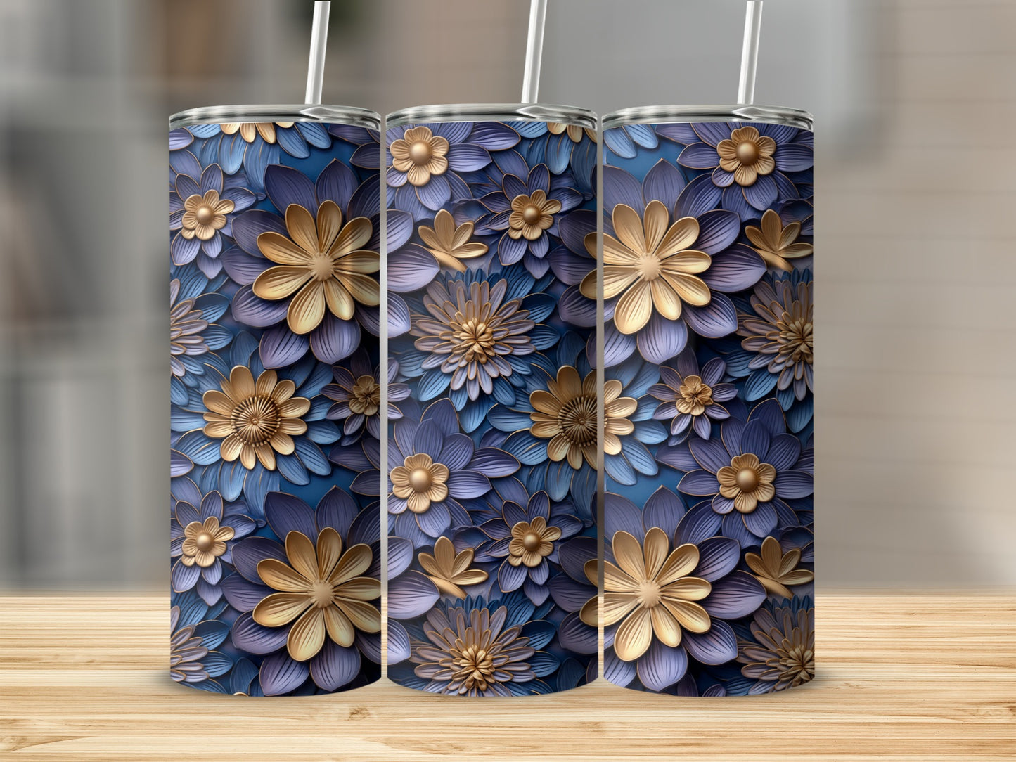 Elegant Blue and Gold Floral Design Insulated Tumbler