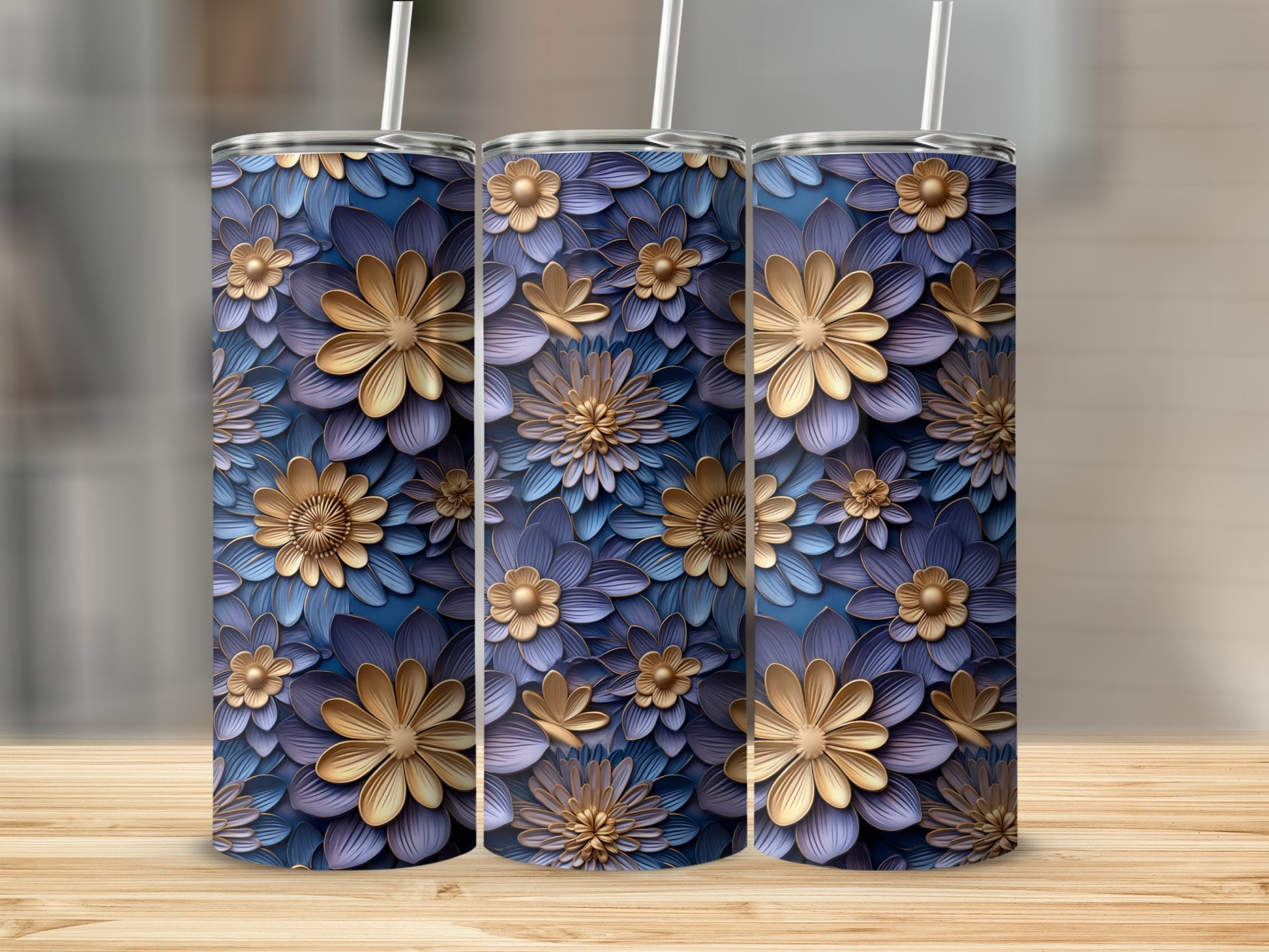 Elegant Blue and Gold Floral Design Insulated Tumbler