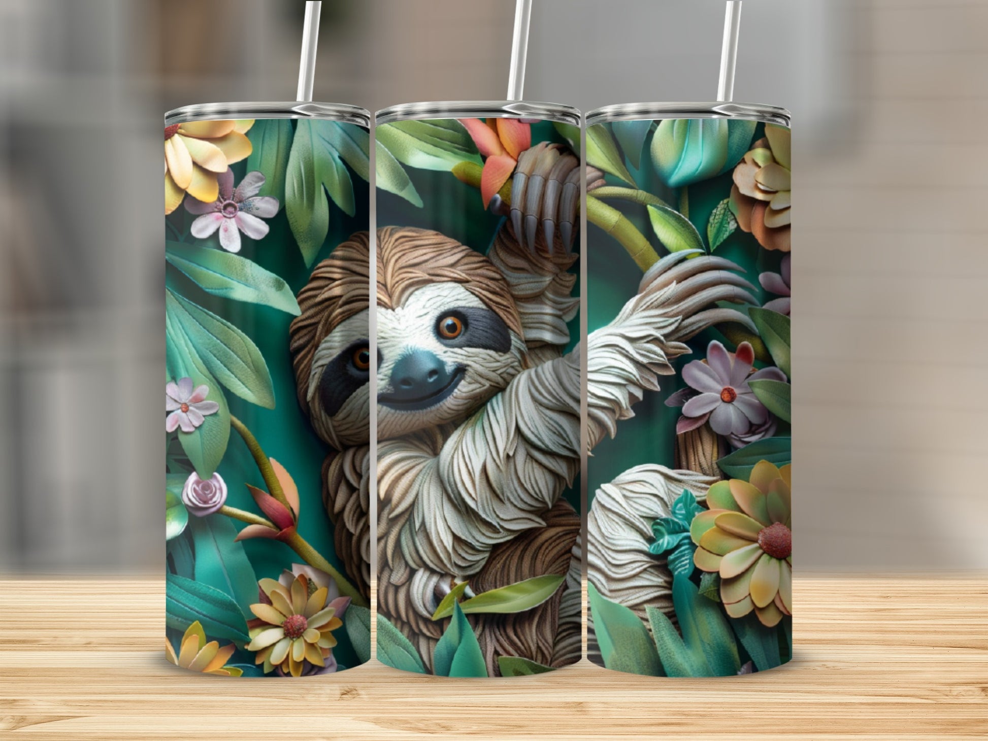 Sloth clinging to a branch amidst colorful flowers and leaves.