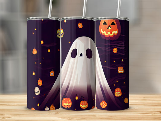 Three tumblers with a dark purple Halloween pattern featuring ghosts and jack-o'-lanterns.