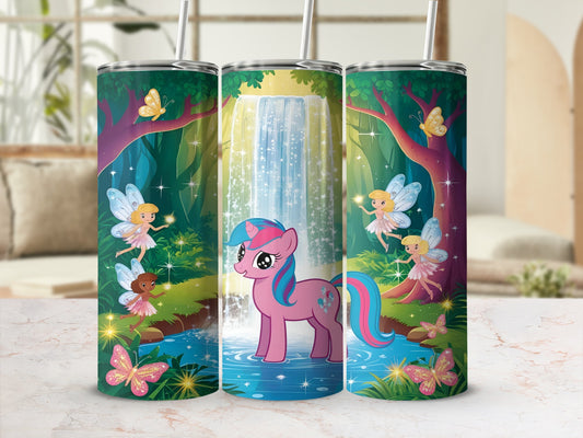 Unicorn with fairies and butterflies in a magical forest waterfall scene.