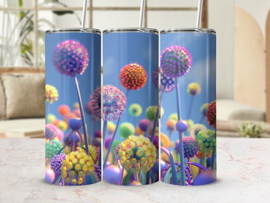 Three tall tumblers with a colorful floral dandelion puff pattern.
