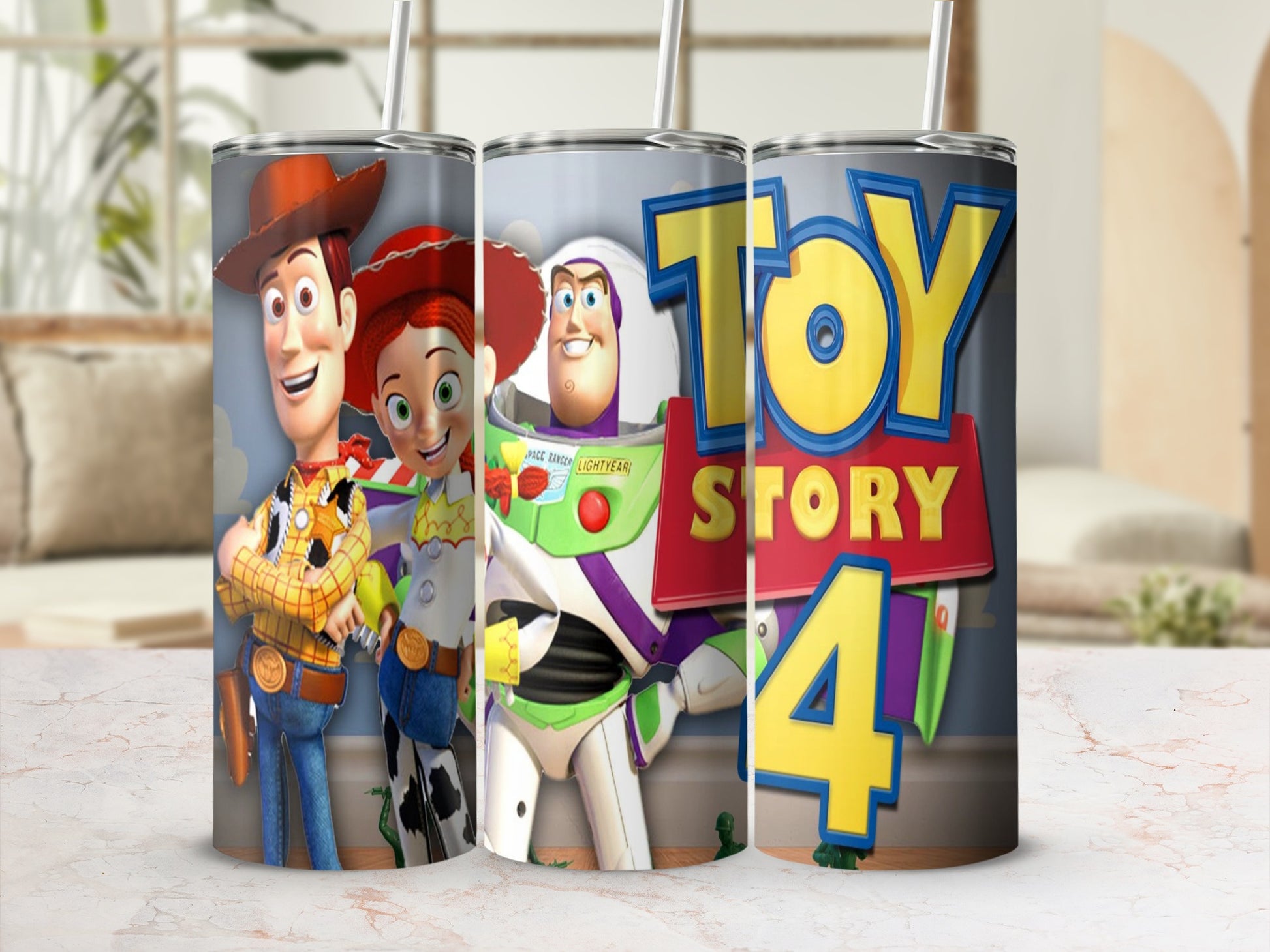 Woody, Jessie, and Buzz Lightyear from Toy Story 4 on a tumbler.