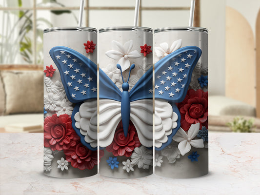 Three tumblers with a patriotic butterfly and floral design.