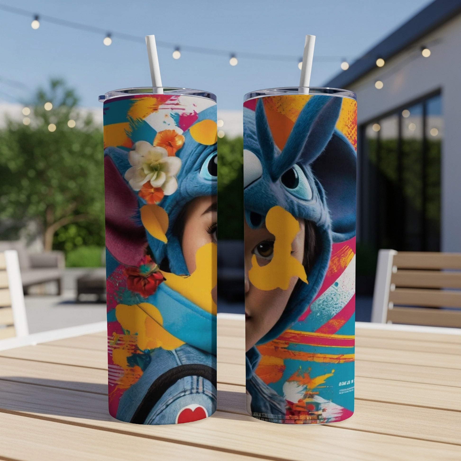 Two tumblers with a Stitch character design featuring colorful abstract art.