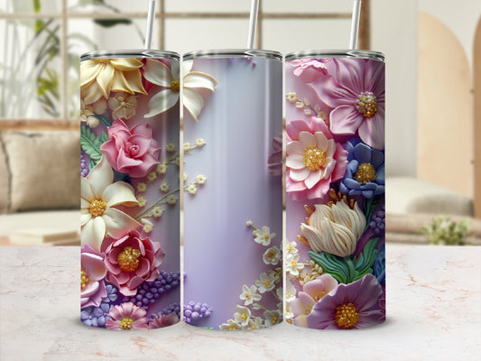 Three tumblers with realistic floral designs in pastel colors.