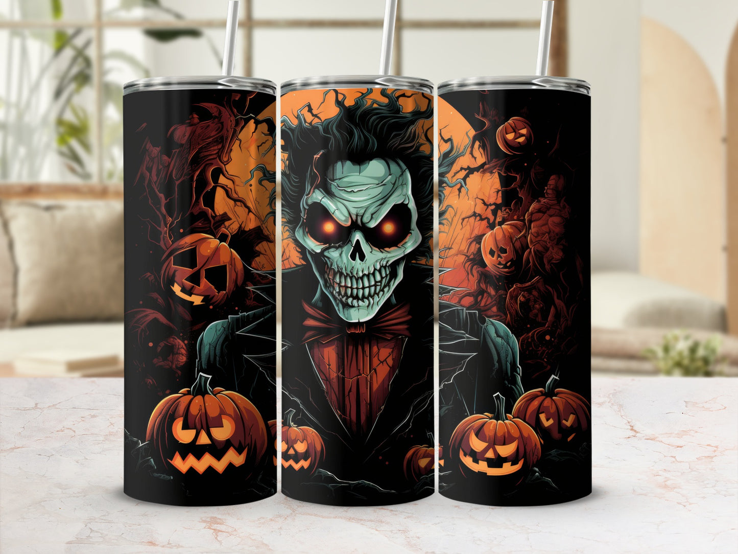Three tumblers featuring a Halloween skeleton character with jack-o'-lanterns and spooky trees.