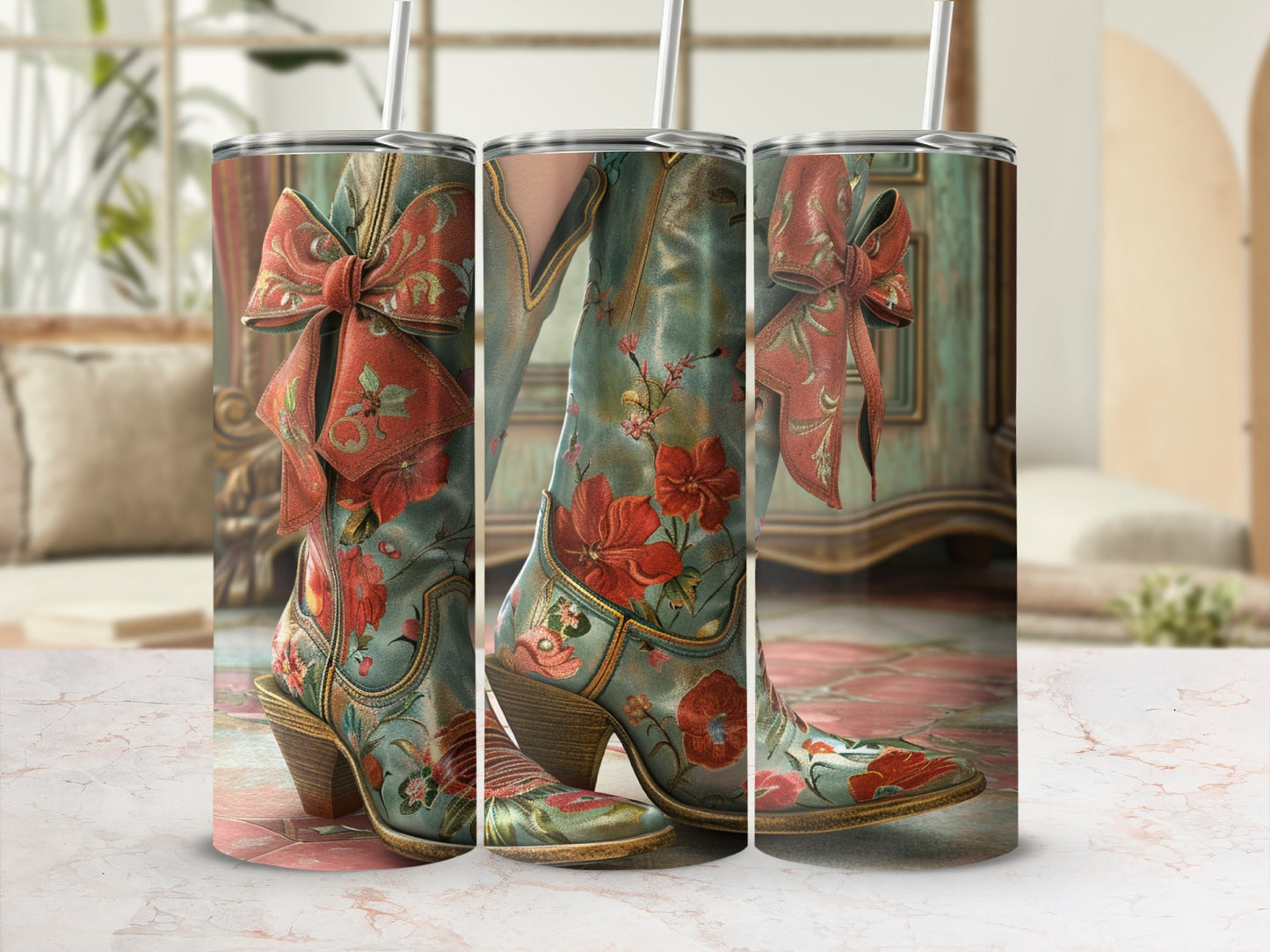 Triptych of a cowboy boot with red floral design and ribbon bow.