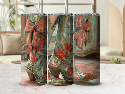 Triptych of a cowboy boot with red floral design and ribbon bow.