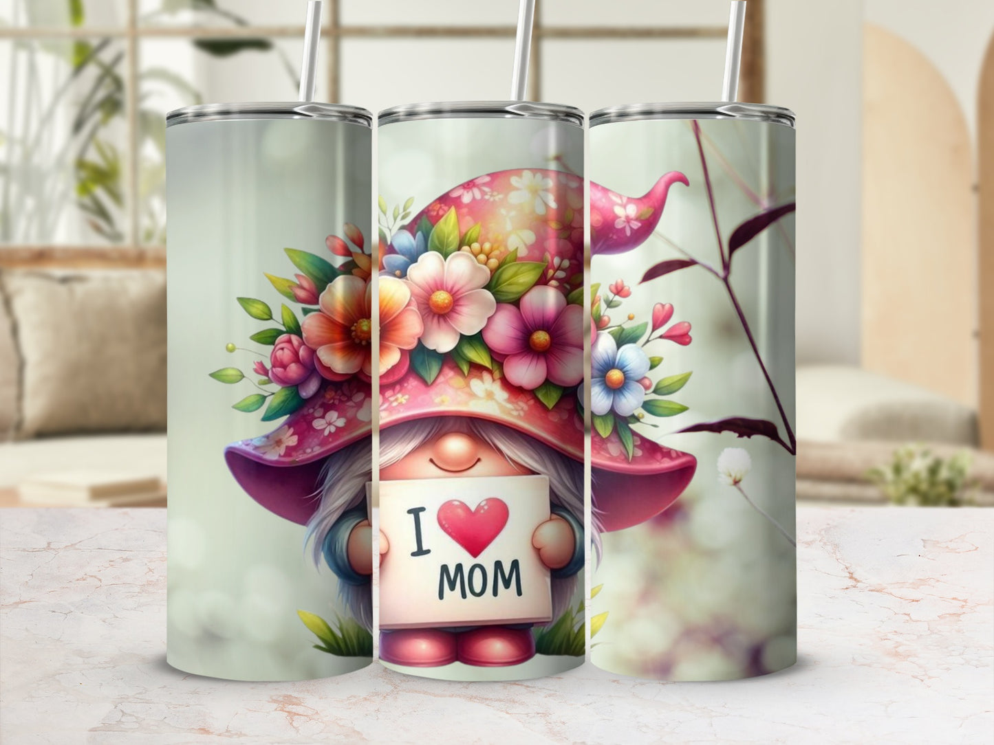 I Love Mom Floral Gnome Design Tumbler Product