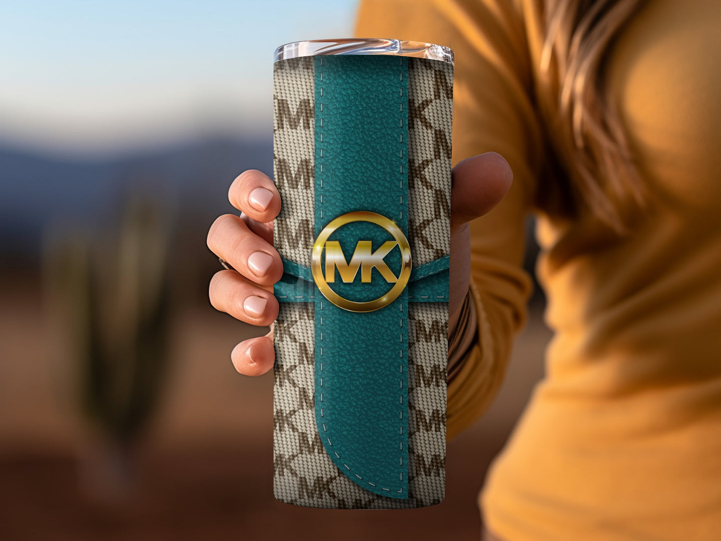 Stylish MK Monogrammed Tumbler with Teal Accent Cup
