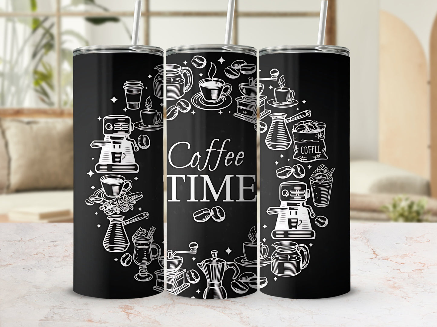 Coffee Time Design Travel Tumbler with Straw