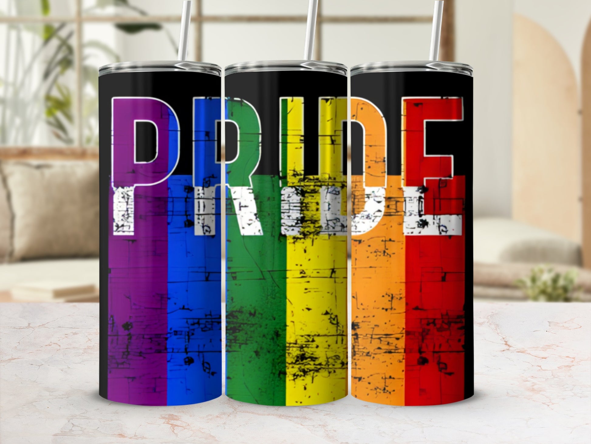 Rainbow Pride tumbler with distressed flag design and straw.