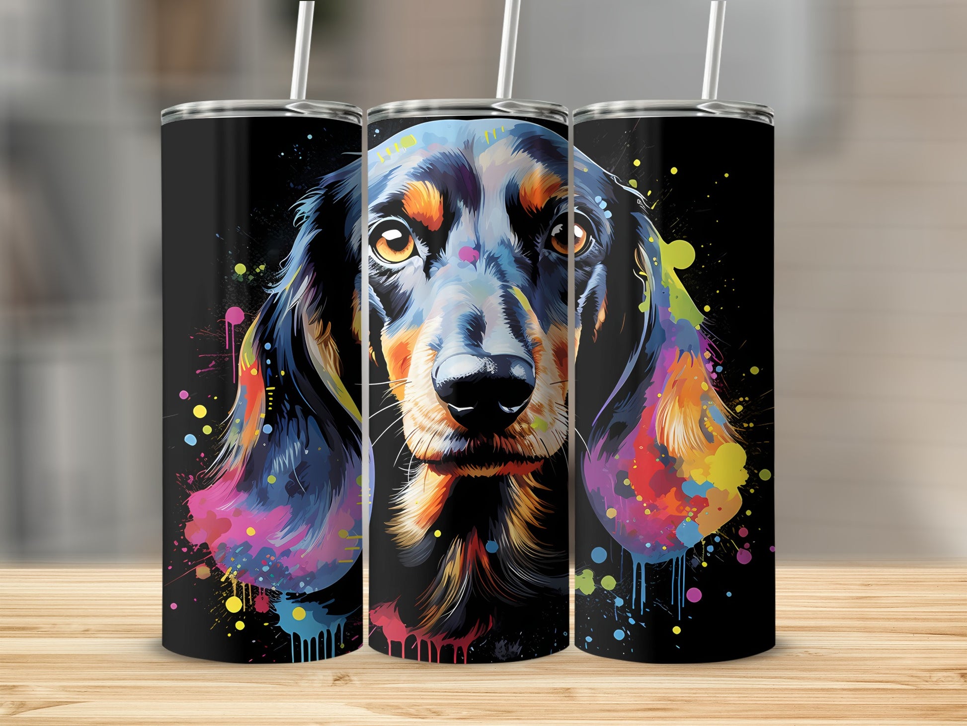 Triptych of a colorful dachshund portrait with paint splatters.