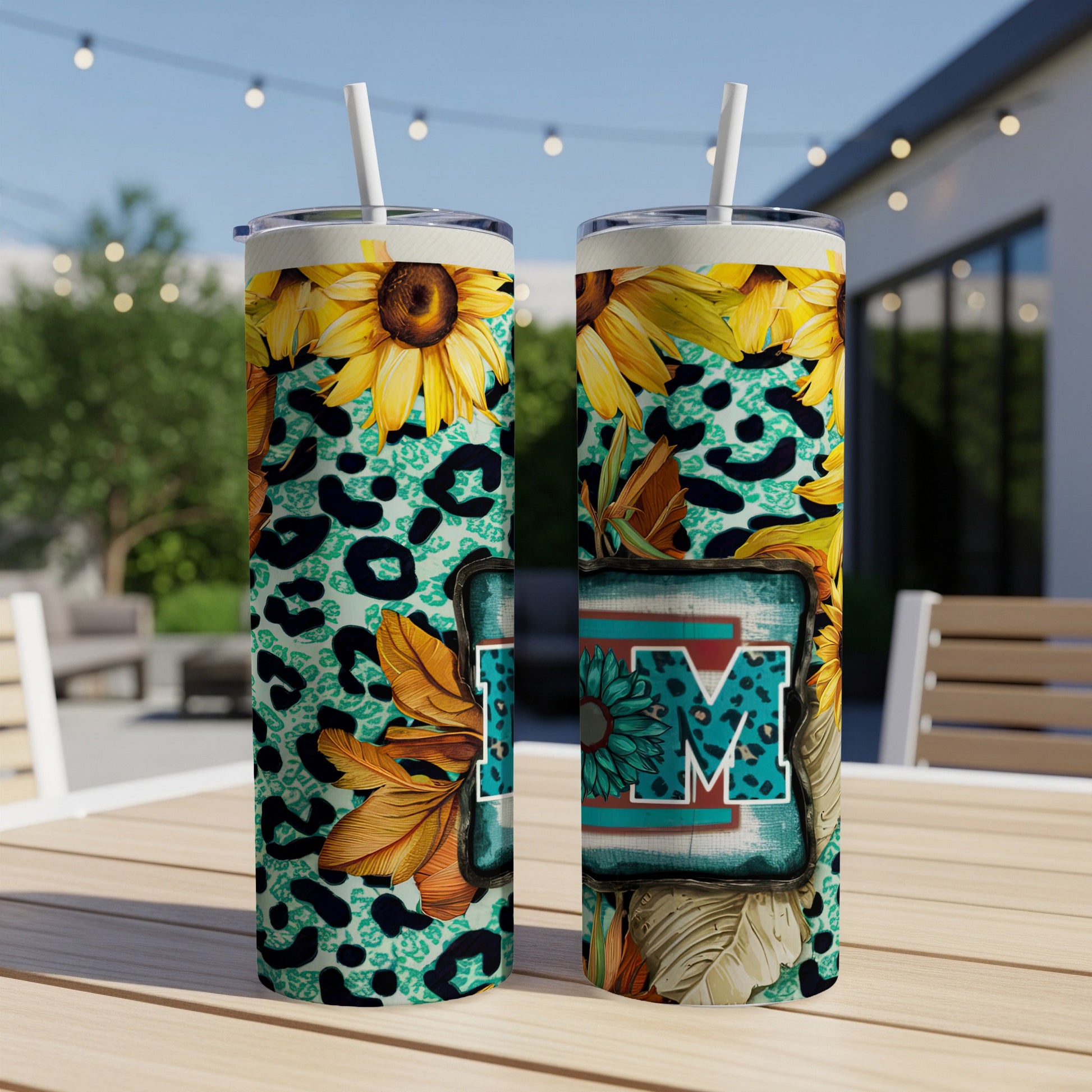 Two tumblers with sunflowers and leopard print.