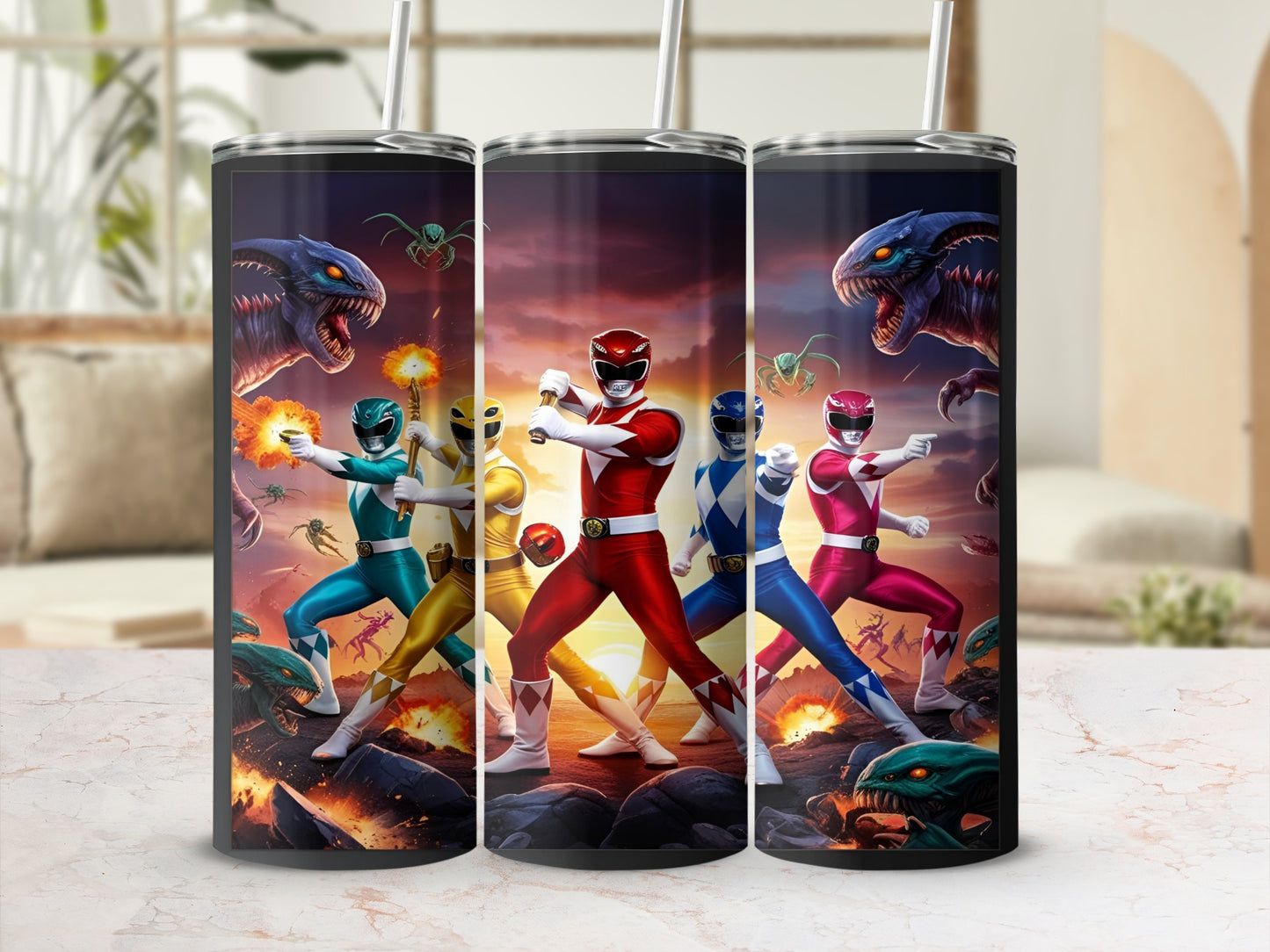 Three Power Rangers stand ready with monsters, against a fiery backdrop.