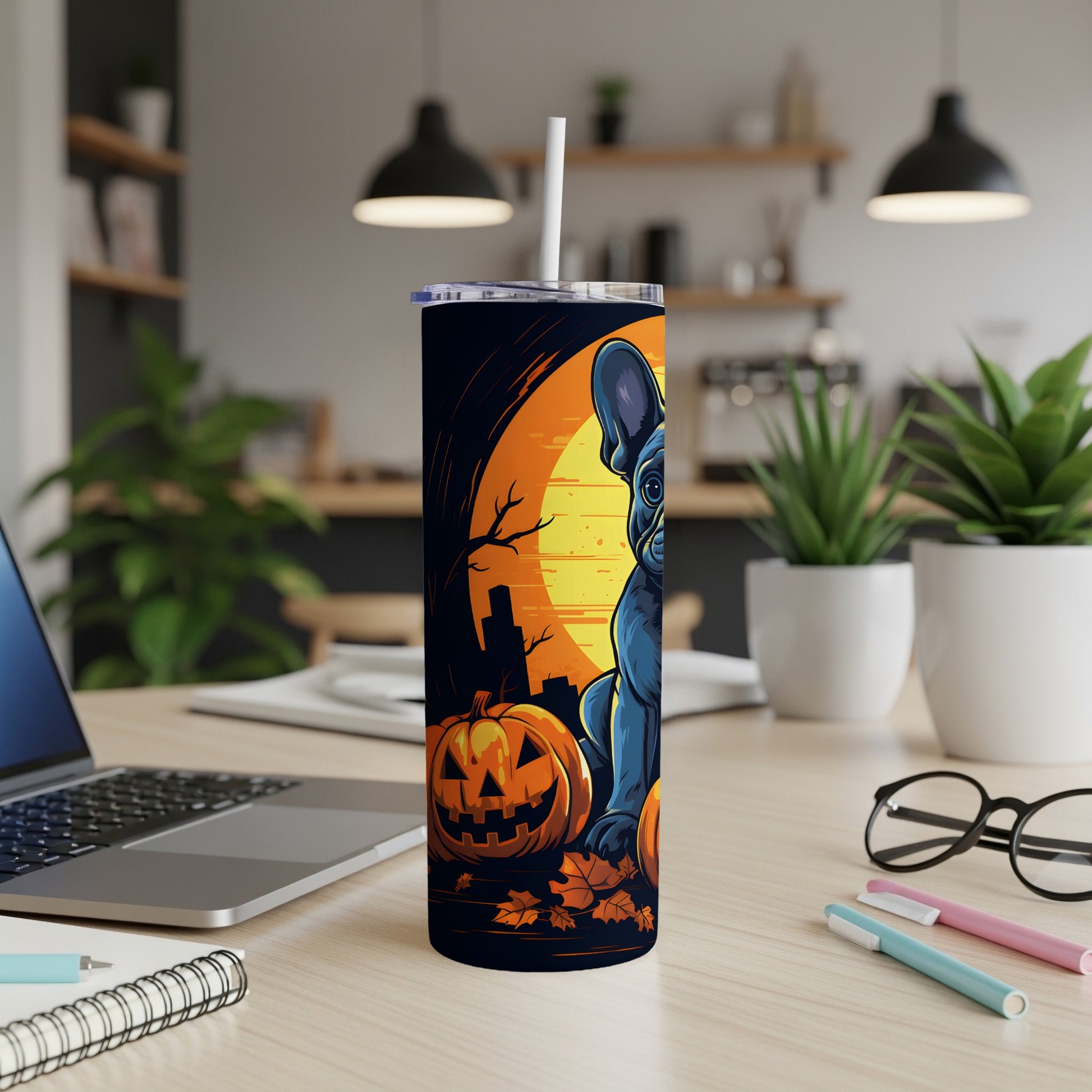 Tumbler with French bulldog, jack-o'-lanterns, and moon Halloween design.