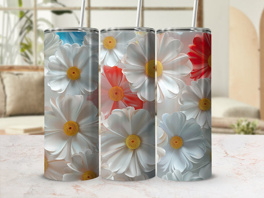 Three tumblers with floral designs featuring white, red, and pink flowers.