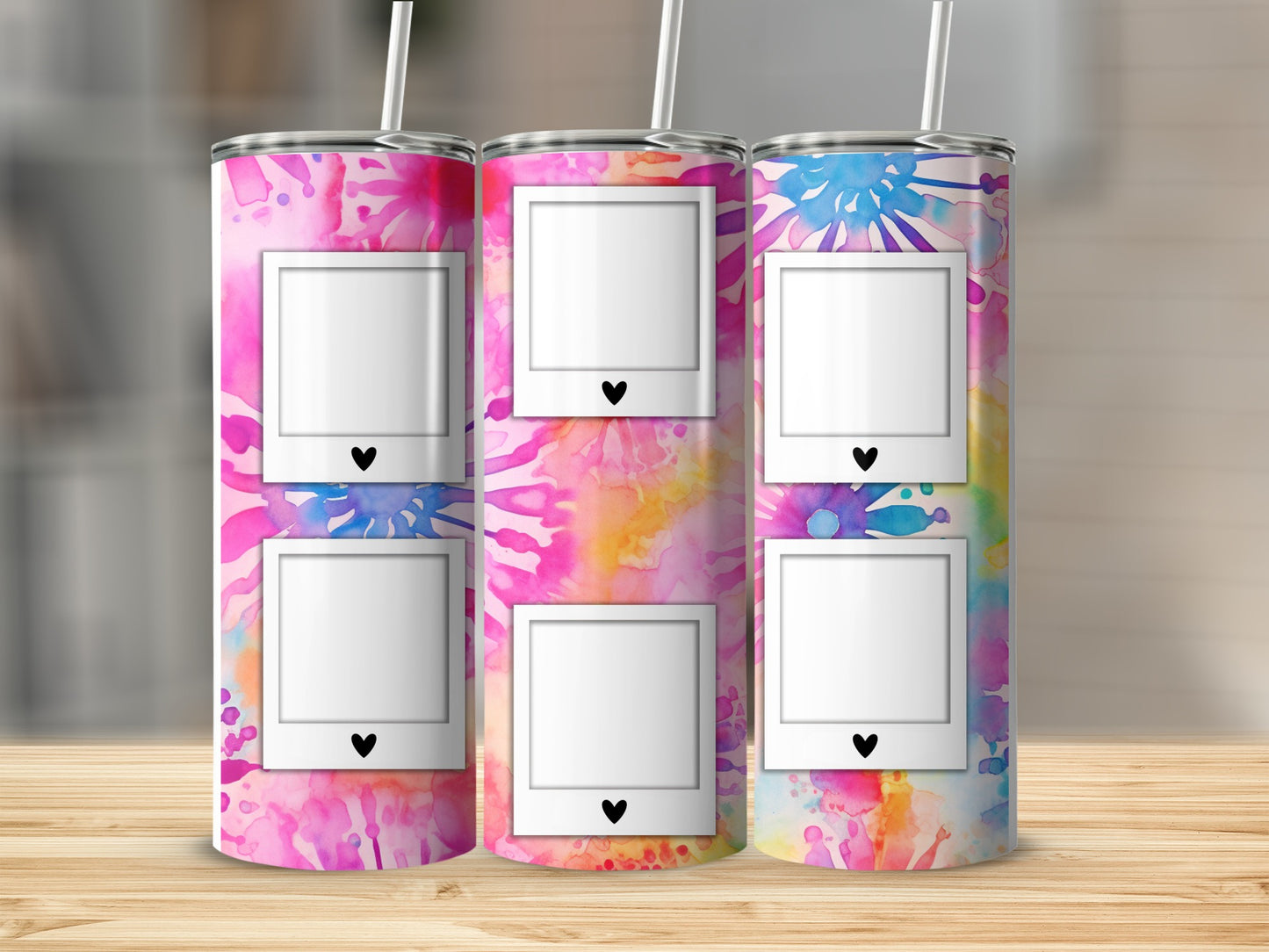 Three tall tumblers with colorful watercolor splashes and empty photo frames.